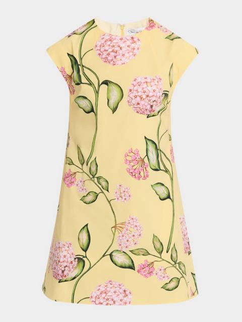 Oscar de la Renta Short-Sleeve Porcelain Flowers Embroidered Midi Dress