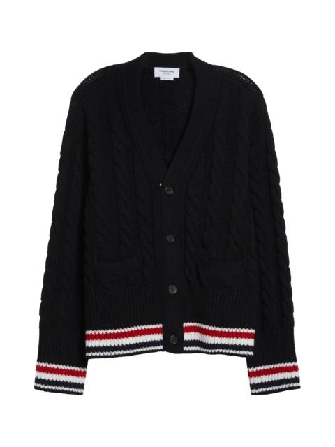 Thom Browne Thom Browne RWB Cable Knit Wool Cardigan in Black at Nordstrom