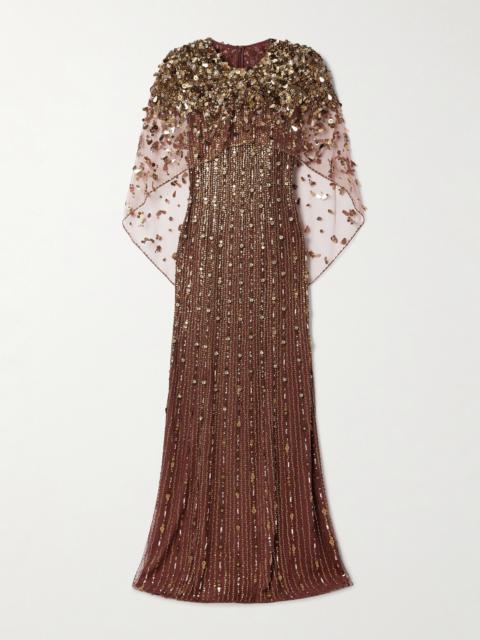 JENNY PACKHAM Nettie Cape-effect Embellished Sequined Tulle Gown