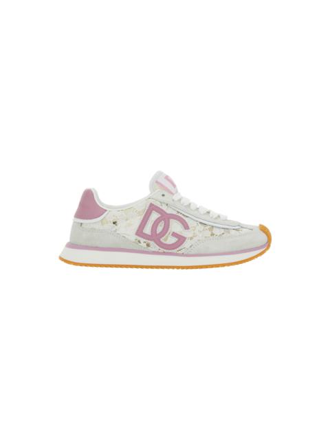 Dolce & Gabbana White Low Top With Lace Details And Dg Patch On The Side In Fabric And Suede Blend Woman