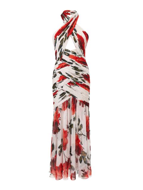 CAROLINA HERRERA Cross-Front Stemmed-Rose-Printed Chiffon Midi Dress ivory