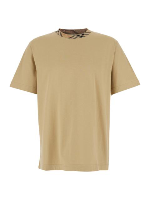 Burberry Men Beige Crewneck T-Shirt With Check Motif On The Collar In Cotton Man