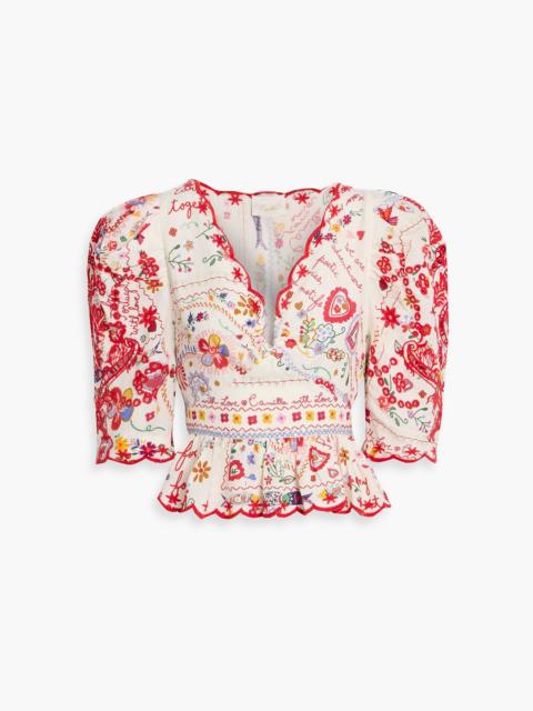 CAMILLA Broderie anglaise-trimmed embellished printed linen blouse
