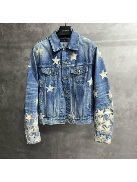 AMIRI Amiri Blue Denim Jacket with Embroidered Five-Pointed Stars and Lapel Collar