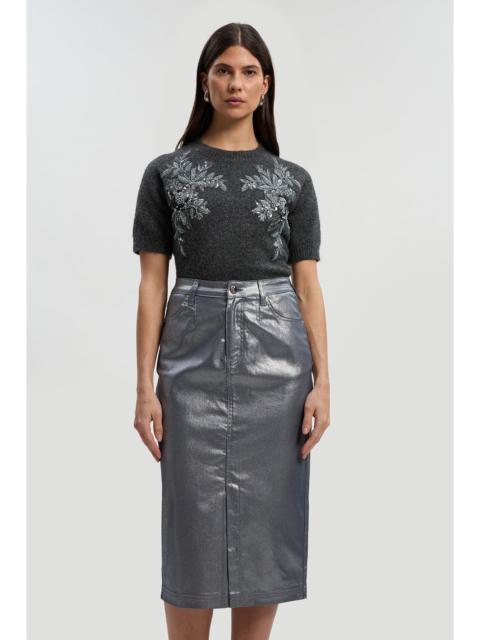 KAREN MILLEN Metallic Coated Denim Pencil Midi Skirt