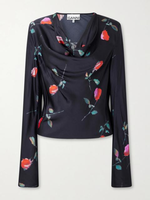 GANNI Draped Floral-print Satin Top