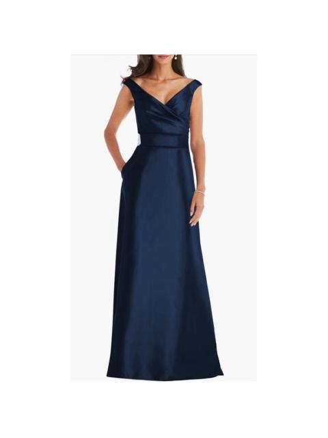 Other Designers NWT Alfred Sung Off the Shoulder Satin Gown in Midnight Blue Sz 12 $239