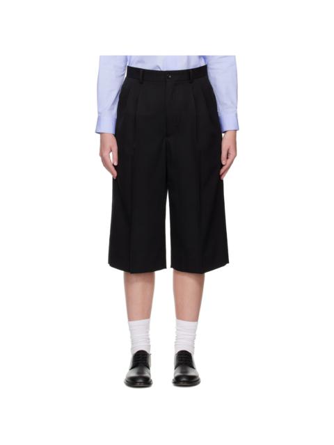 Black Wool Gabardine Pleated Wide Trousers