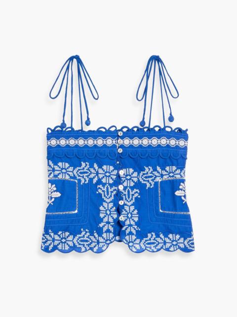 FARM RIO Scalloped printed embroidered cotton top