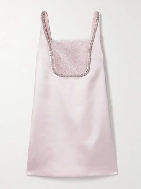 Embellished lace-trimmed duchesse-satin mini dress Pastel pink