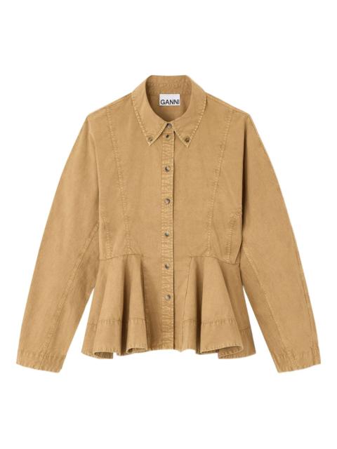 GANNI Washed Stretch Cotton Peplum Shirt