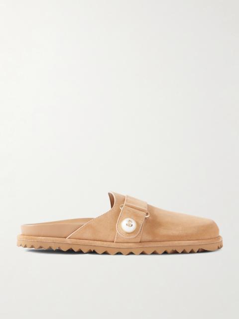 JIMMY CHOO Fayence Faux Pearl-embellished Suede Mules