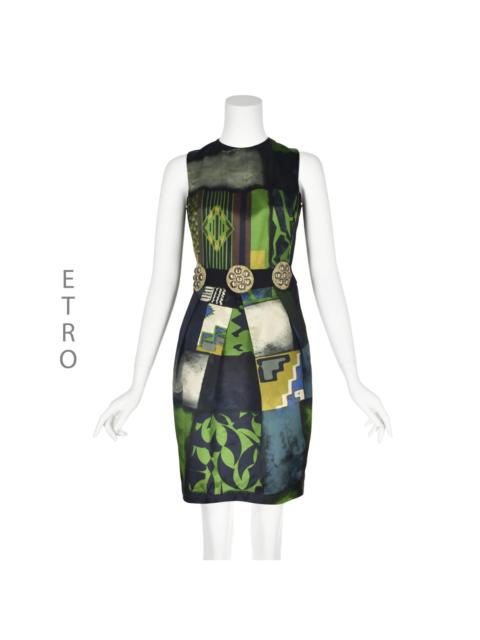Etro Green & Black Sleeveless Dress w/ Beaded Discs at Waist 