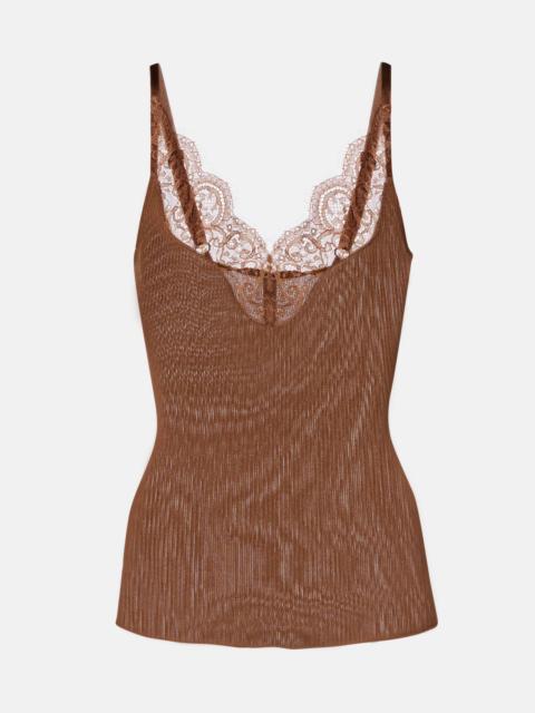 SAINT LAURENT Lace-trimmed ribbed-knit silk tank top