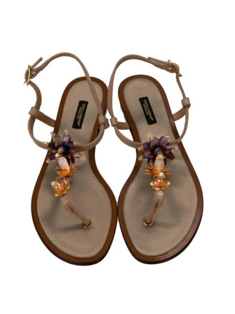 Dolce & Gabbana Crystal Pearl Flower Sandals Gold Beige Purple 41 11 12775