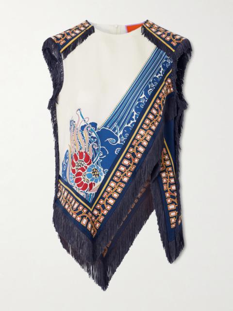 La DoubleJ Fringed Asymmetric Printed Silk-twill Top
