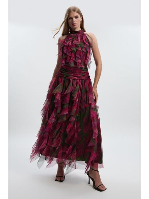 KAREN MILLEN Rose Floral Tulle Halter Neck Woven Maxi Dress