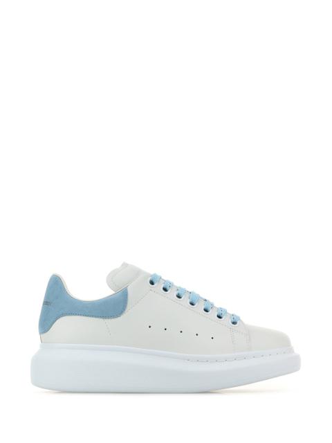 Alexander Mcqueen Women White Leather Sneakers With Pastel Light Blue Suede Heel