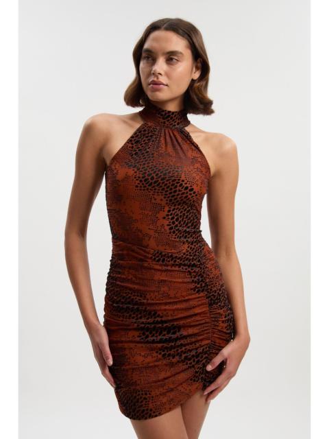 KAREN MILLEN Animal Stretch Velvet Devore Halter Neck Mini Dress