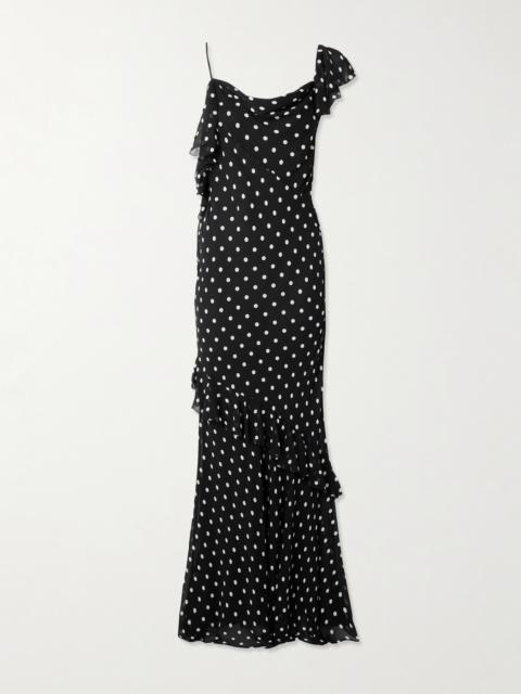 self-portrait One-shoulder Asymmetric Ruffled Polka-dot Georgette Maxi Dress