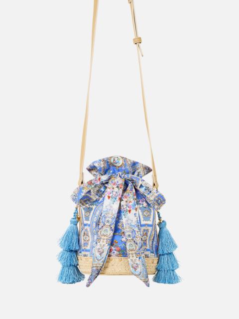 CAMILLA TIE TOP BUCKET BAG WITH TASSELS