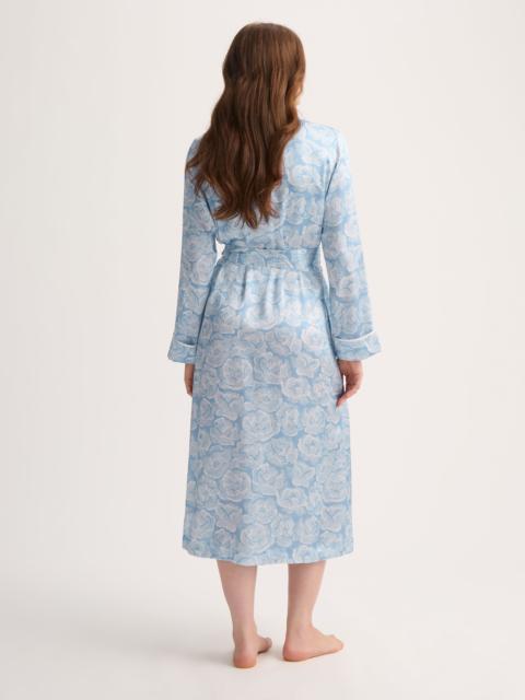 Derek Rose Women's Long Silk Robe Light Blue & White Rose Print