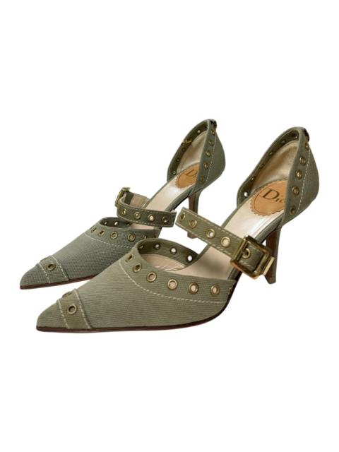 Dior CHRISTIAN DIOR Spring Summer 2002 Canvas Grommet Mary Jane Heels with Logo Charm