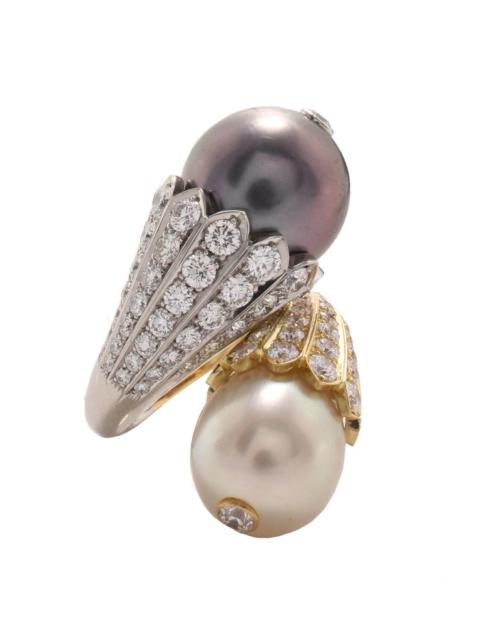 DAVID WEBB Diamond Pearl Flower Bud Crossover Ring