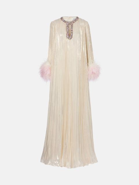 self-portrait Embellished feather-trimmed silk-blend maxi dress