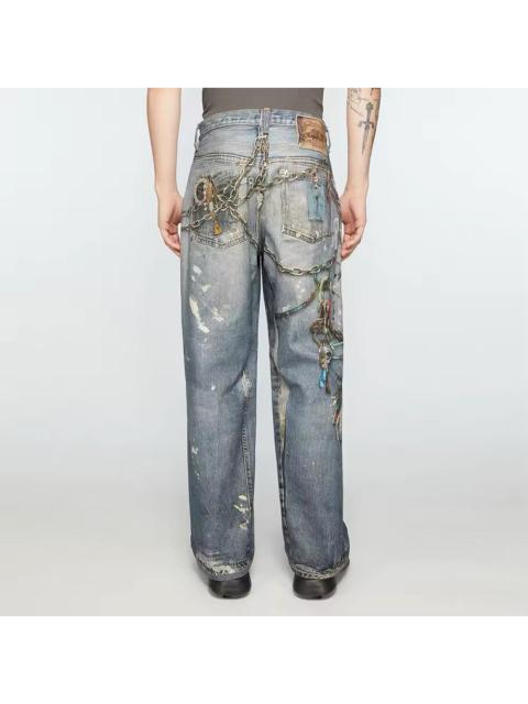 Japanese Brand - Chain Print Frayed Washed Denim Pant