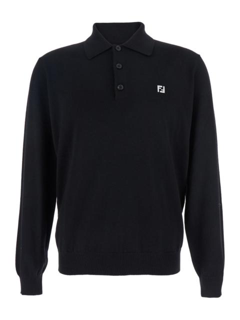FENDI Fendi Men Black Long-Sleeve Polo Shirt With Classic Collar And Ff Plaque On The Front In Wool Man