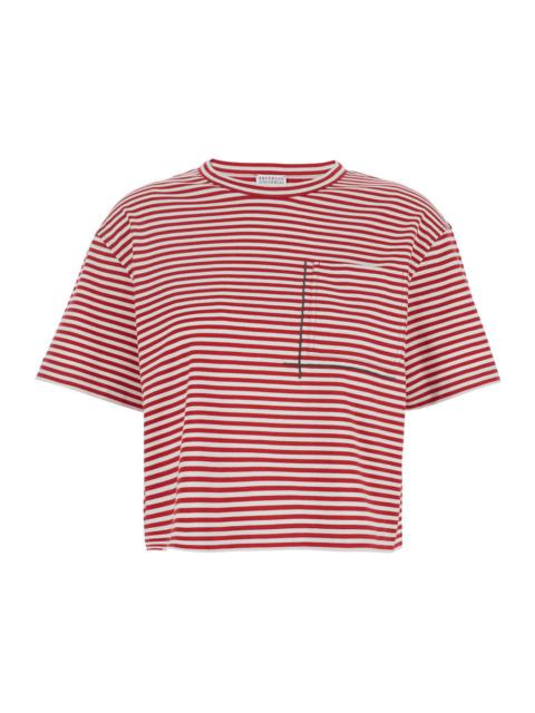 Brunello Cucinelli Brunello Cucinelli Women Red Crewneck T-Shirt With All-Over Striped Motif And Jewel Detail On The Fr