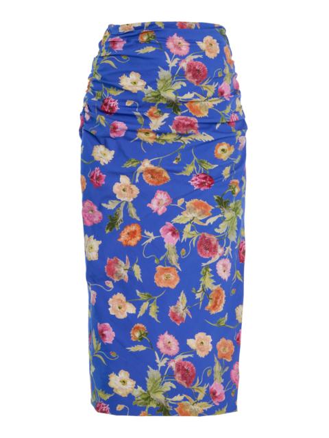 CAROLINA HERRERA Ruched Stretch-Cotton Skirt blue