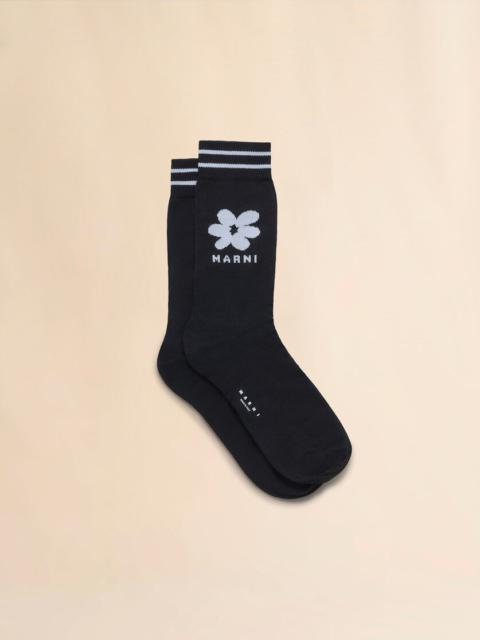 Marni BLACK COTTON SOCKS WITH LIGHT BLUE JACQUARD FLOWER DETAIL