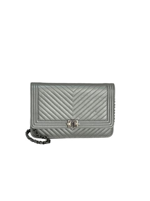 Chanel Silver Caviar Chevron Quilted Boy Wallet on a Chain