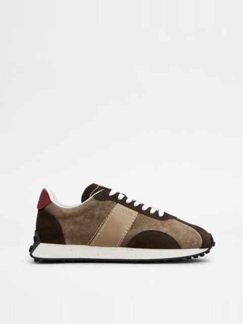 Tod's T VINTAGE SNEAKERS IN SUEDE AND TECHNICAL FABRIC - BROWN, BURGUNDY