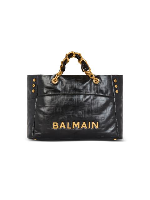 Balmain 1945 Soft tote bag in embossed crackled calfskin with a PB Labyrinth monogram