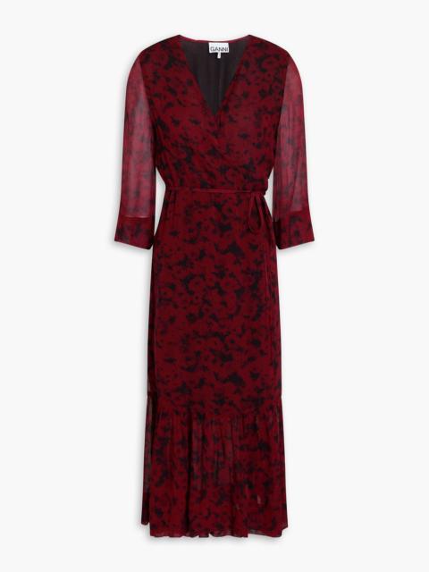 GANNI Printed georgette midi wrap dress