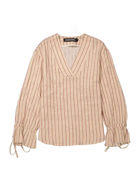 Other Designers Benjamin Benmoyal Ladies Beige Stiped Linen V Collar Shirt