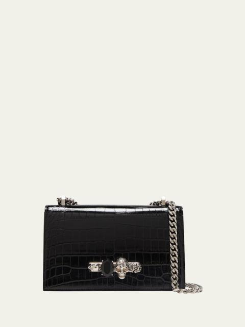 Alexander McQueen Shiny Croc-Embossed Jeweled Shoulder Bag