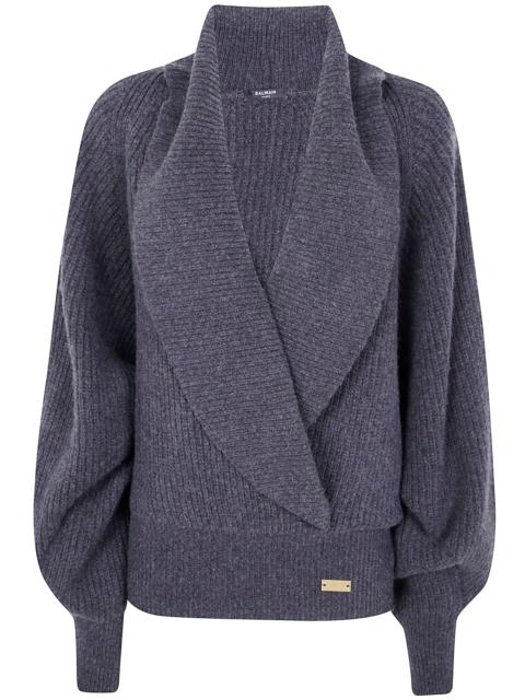 Balmain Batwing Open Neck Ribbed Knit Pull