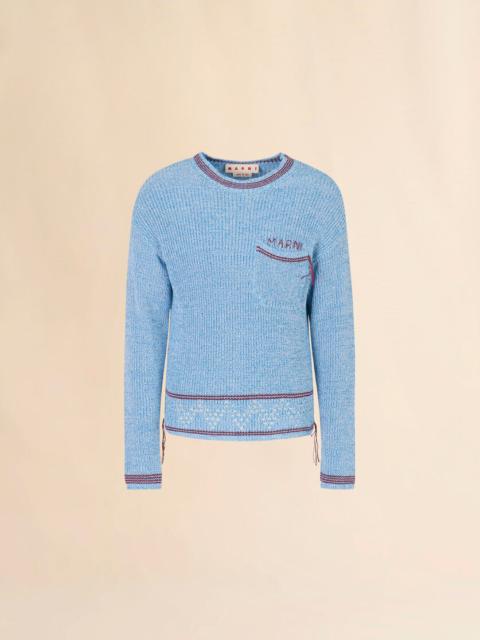 Marni BLUE MOULINÉ COTTON SWEATER WITH MARNI MENDING
