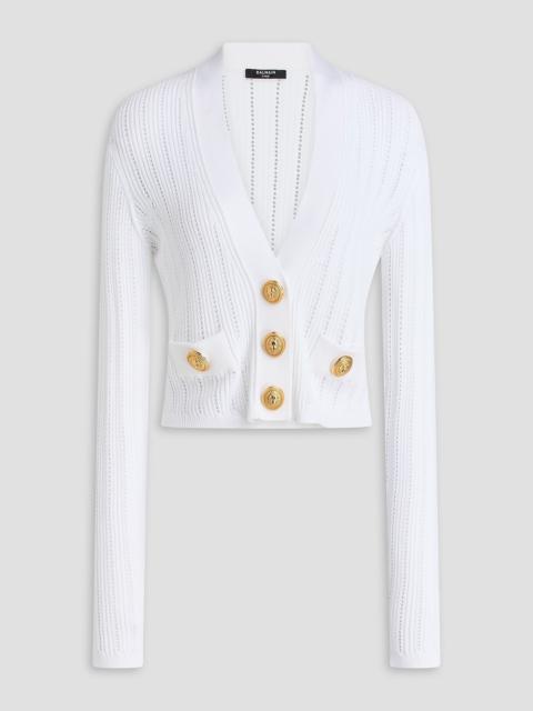 Balmain Cropped button-embellished ribbed pointelle-knit cardigan