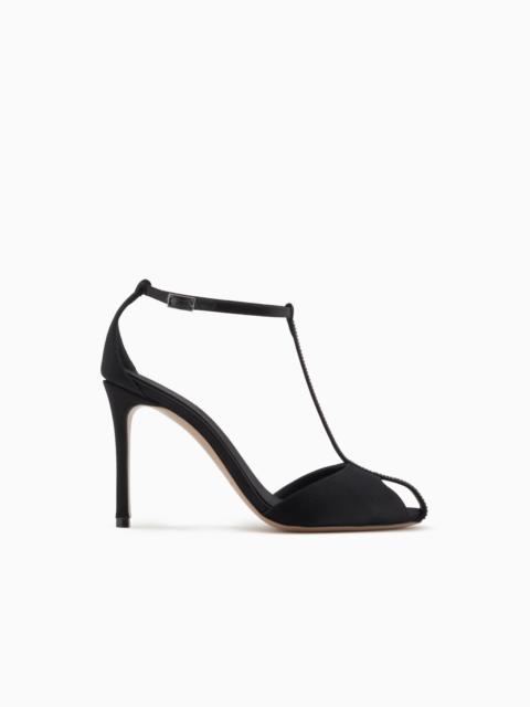 EMPORIO ARMANI SATIN T-BAR SANDALS WITH RHINESTONES