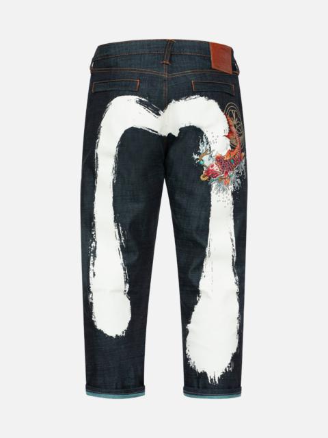 EVISU KOI EMBROIDERY AND BRUSHSTROKE DAICOCK PRINT CROPPED JEANS #2027