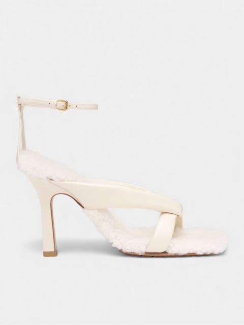 Bottega Veneta White Shearling Ankle Strap Heels