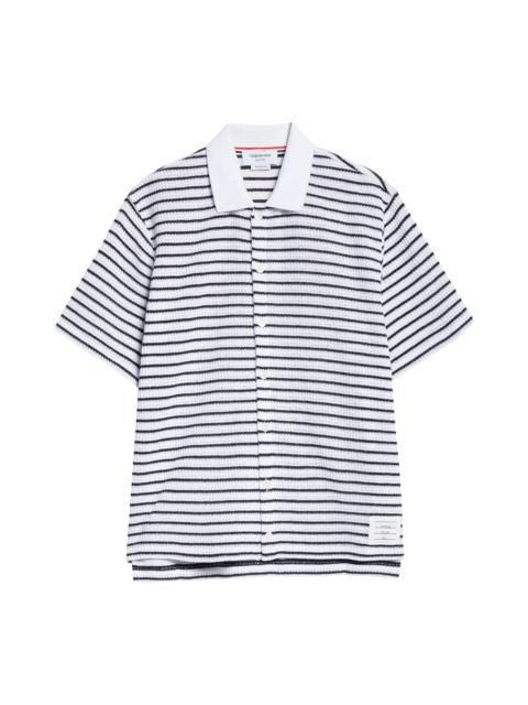Thom Browne Thom Browne Stripe Short Sleeve Cotton Knit Button-Up Shirt in Navy at Nordstrom