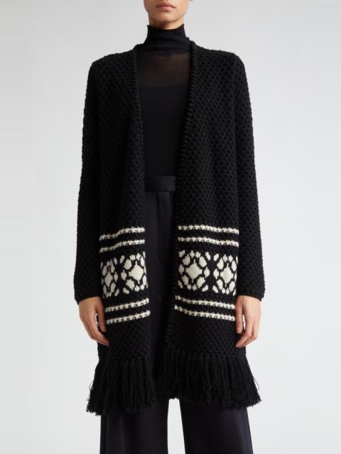 Max Mara Orione Longline Tie Waist Fringe Trim Wool & Cashmere Cardigan