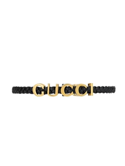 GUCCI Leather Choker Necklace in Black with Gold-Tone Logo