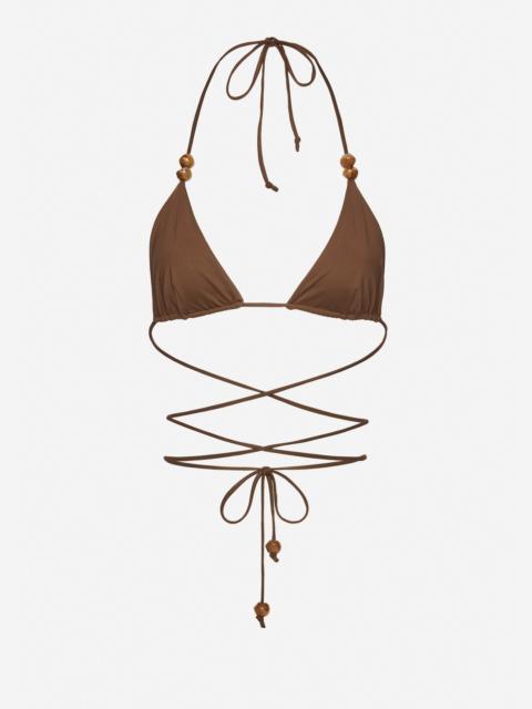 MAGDA BUTRYM Strappy triangle bikini top in brown with beads
